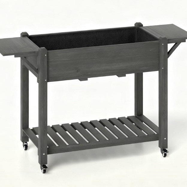 Elevated Garden Bed,Wood Raised Planter Box,With Lockable Wheels,Side Tables,Bottom Shelf,Drain Holes, Gray