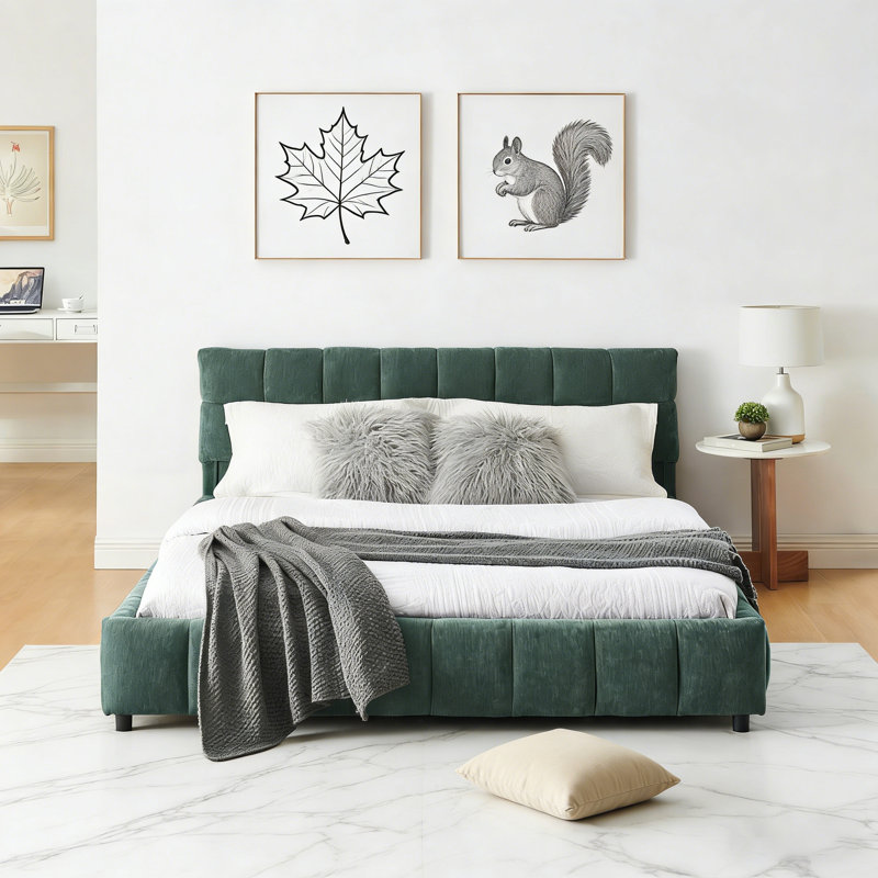 Queen Size Upholstered Bed With Storage Drawers ,Soft Chenille Headboard & Solid Frame .(88.5''*68.5''*31''), Green