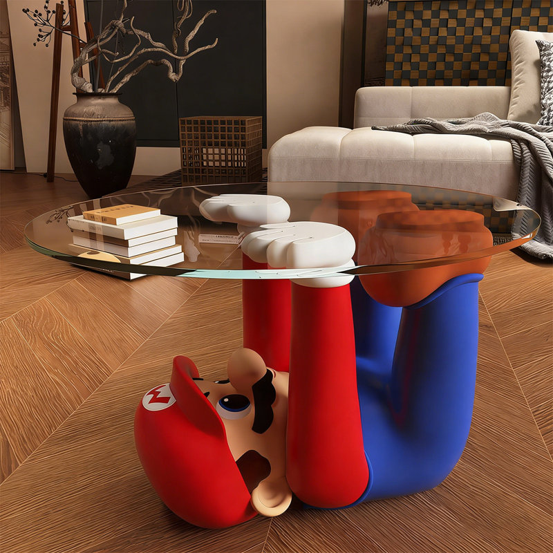 Playful Modern Resin Mario Upside-Down Glass Coffee Table Decor