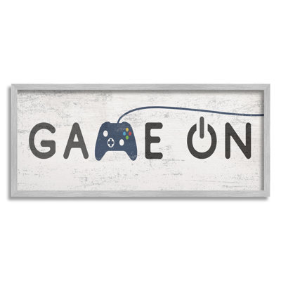 Game On Video Gamer Phrase Blue Vintage Controller Gray Farmhouse Oversized Rustic Framed Giclee Texturized Art by Daphne Polselli
