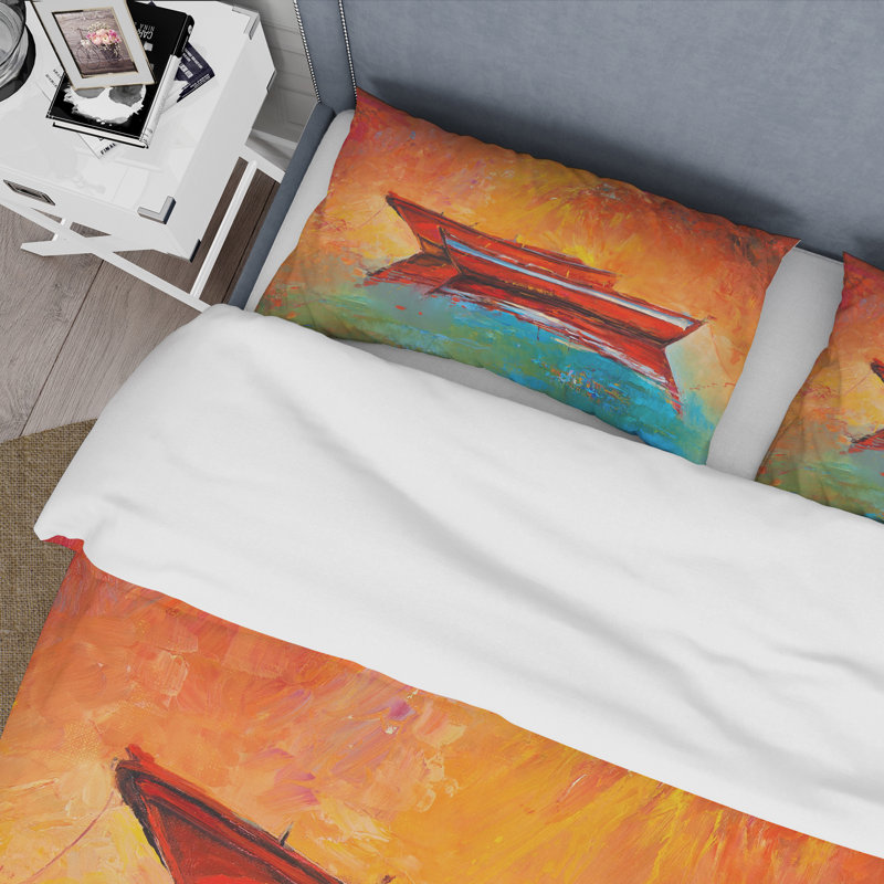 Deux bateaux rouges pendant la soirée - ensemble de housse de couette nautique et côtier - polyester microfibre