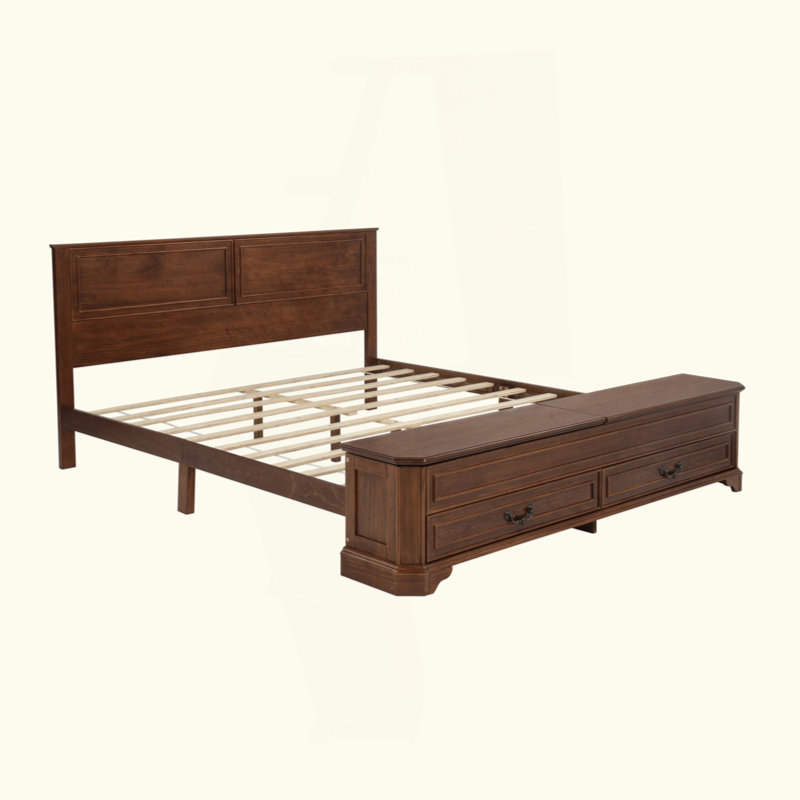 Lit de style campagnard avec tête de lit et banc de rangement avec 2 grands tiroirs, lit en bois de pin avec cadre de lit renforcé