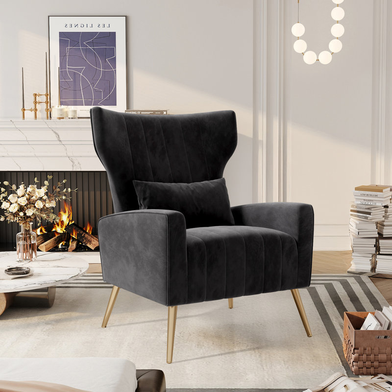 Modern Velvet Accent Chair With Wingback Design Gold Metal Legs And Pillow – Elegant Lounge Chair For Living Room & Bedroom