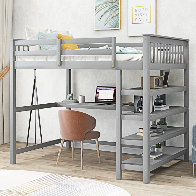 Lit mezzanine avec tablettes de rangement et bureau sous le lit, Gris, Complet/Double