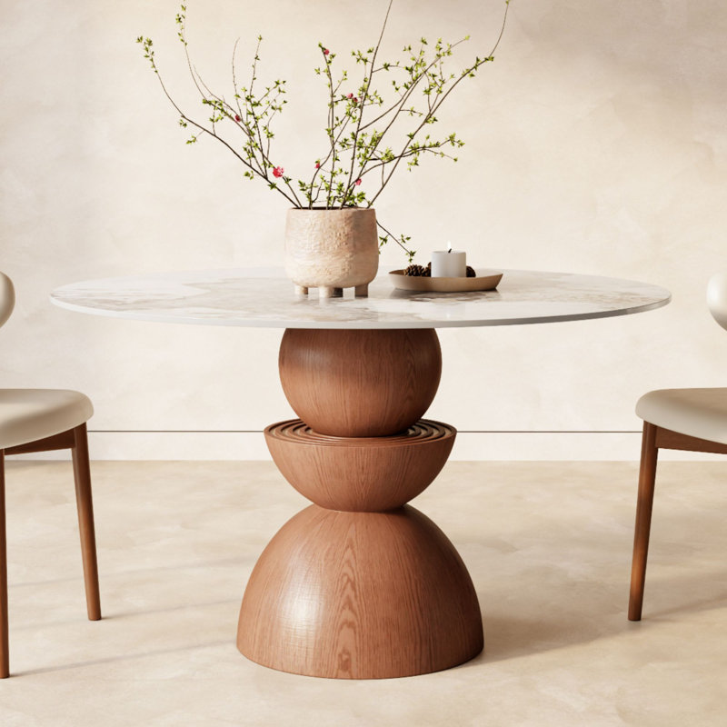 Table de cuisine de salle à manger ronde Conlon 39 po, plateau en pierre résistant aux égratignures et base en bois massif
