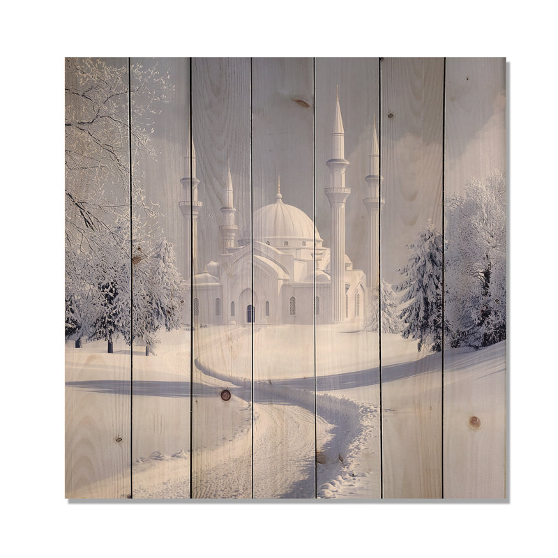 Mosquée dans la neige, Bursa, Turquie - impression en bois blanc sur bois de pin naturel, H 30 po x l 30 po