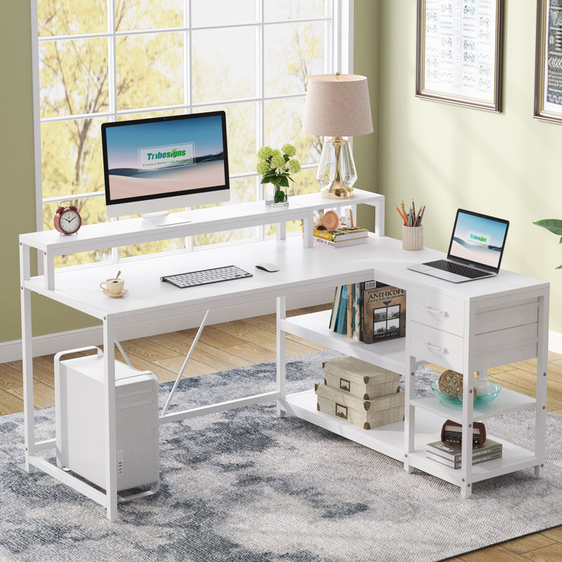Reversible L -Shaped Computer Desk with Monitor Stand, White