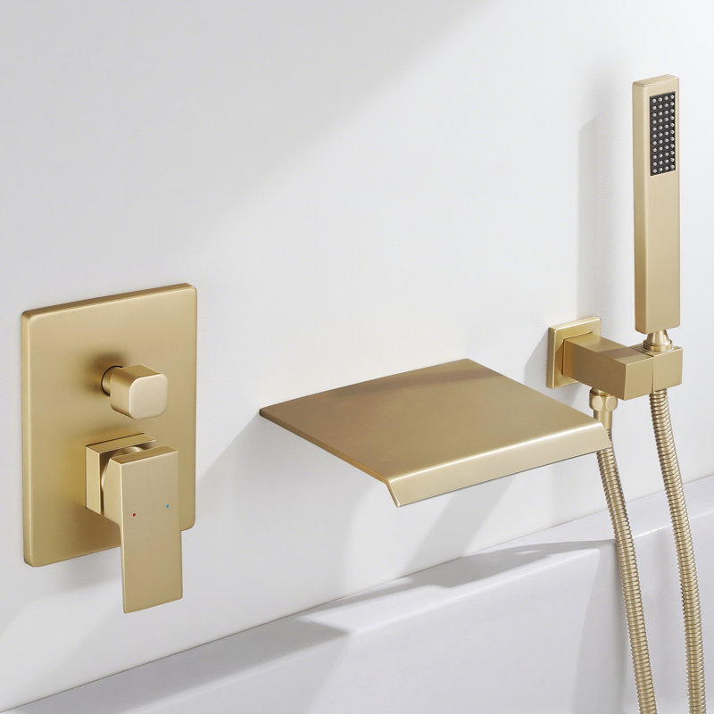 Wall Mounted Waterfall Bathtub Faucets with Anti-Scald Pressure Balance Valve, Modern Tub Spout with Handshower, Brushed Gold