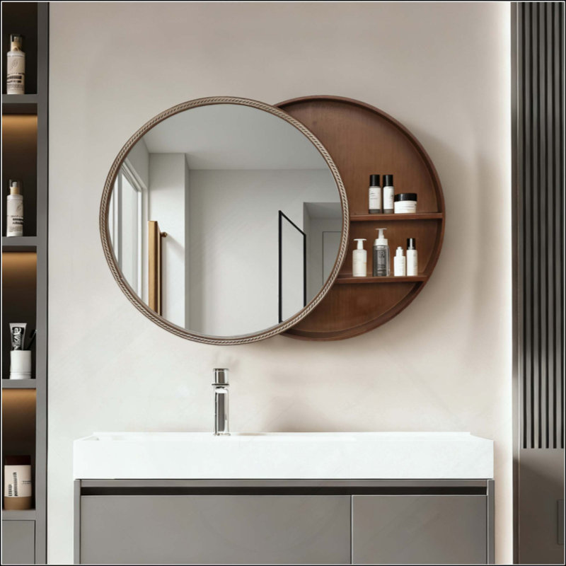 Miroir mural rond avec tablettes de rangement - armoire latérale en bois à 2 niveaux, miroir suspendu peu encombrant pour meuble-lavabo, chambre à coucher et entrée