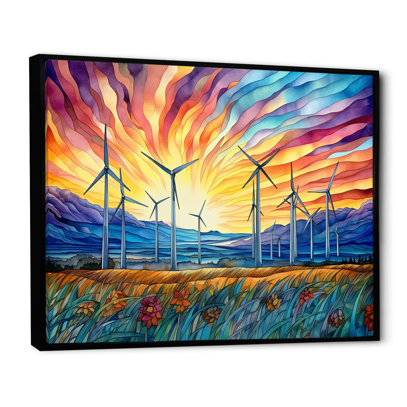 Éoliennes au lever du soleil, Cadre flottant noir, H 16 po x l 32 po x P 1 po