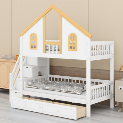 Lit superposé en bois avec toit, porte, fenêtre et tiroirs de rangement