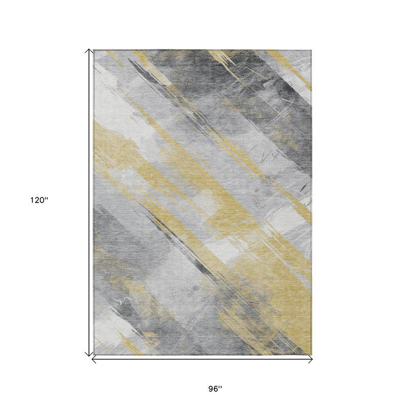 8' X 10' Gold And Grey Striped Washable Indoor Outdoor Area Rug