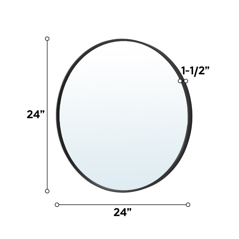 Miroir de salle de bain mural moderne en aluminium anodisé, 24 po x 24 po, Noir mat, Rond