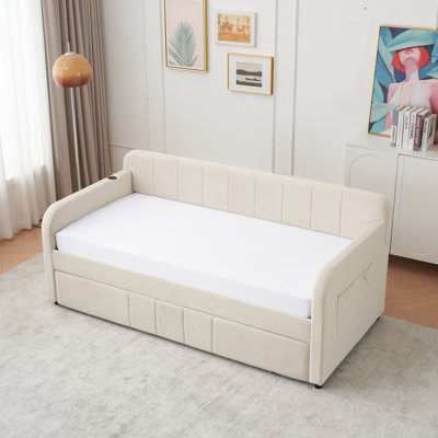 Twin Size Daybed with Trundle and USB Charging, Twin to King Design Extendable Sofa Bed, Upholstered Corner Day Bed Frame with Wood Slat Support for Living Room Bedroom, No Box Spring Needed