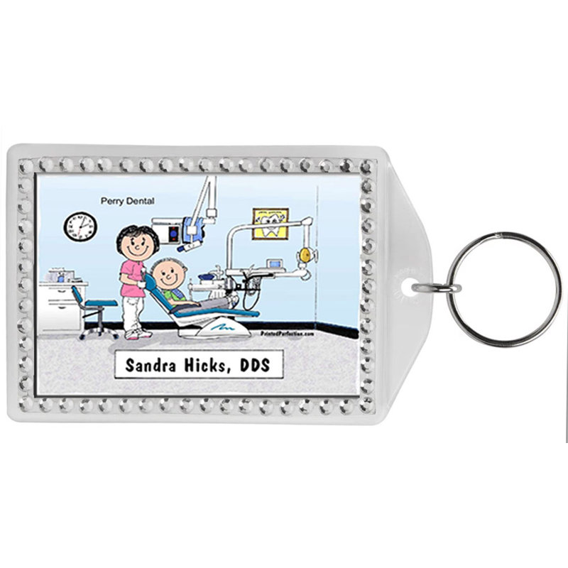 Personalized Friendly Folks Dentist - Female Rhinestone Bordered Key Chain, Yes