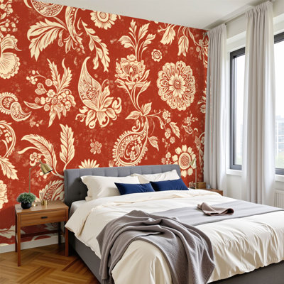 Peel and Stick Wallpaper 144" W x 100" H Modern Self Adhesive Wall Mural for Bedroom Motifs African boho paisley Floral Ikat embroidery border Ethnic ikat