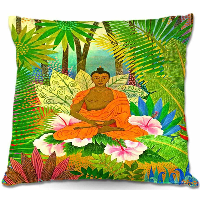 Coussin Couch Buddha in the Jungle, 16 po x 1 po, Orange / vert / rose