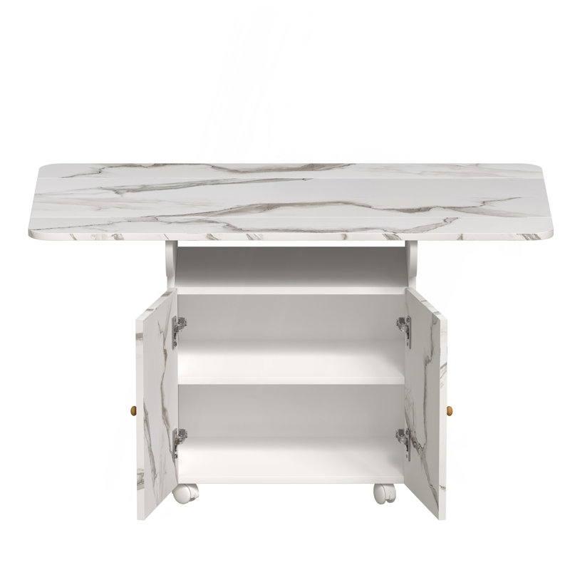 47" Wood Folding Dining Table With Storage Rack And Cabinet, Removable Entryway Table With 6 Wheels, White Marble Color Kitchen Island, Side Table And Coffee Table Versatile Table Space Saving