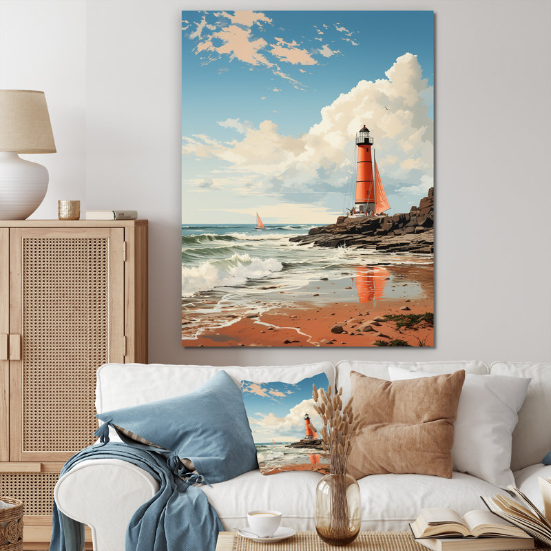 Illustration de plage rétro sur une plage de phare rouge sur toile, H 20 po x l 12 po, Toile tendue