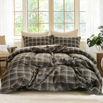 XINMIANFANG Gingham Duvet Cover Set 100% Washed Cotton Linen Touch Bedding Comfy Breathable