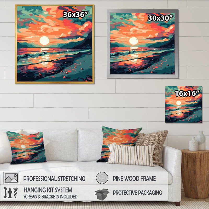 Coucher de soleil sur la plage, couleurs rétro expressives sur toile, H 16 po x l 16 po x P 1 po, Cadre flottant brun