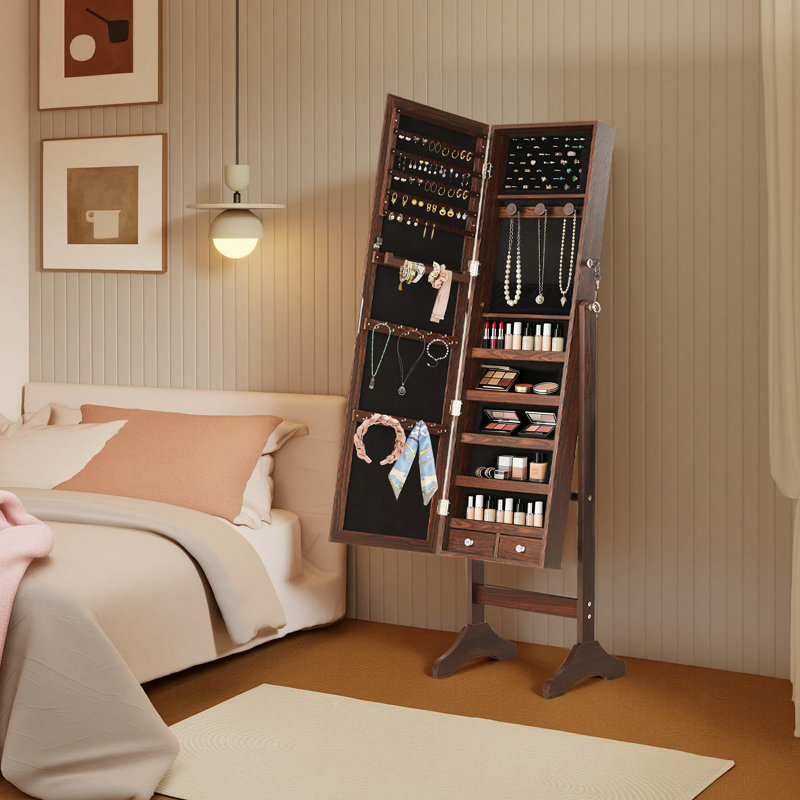 Armoire à bijoux pleine grandeur 60 po avec serrure, miroir inclinable réglable et intérieur en velours, Brun