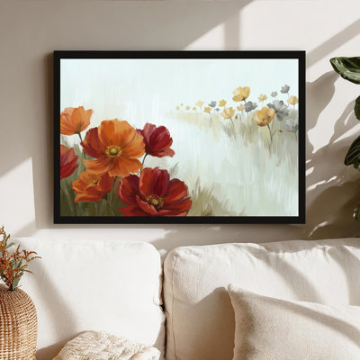 Art sur toile orange avec coquelicots rouges et fleurs jaunes lointaines