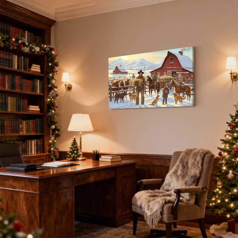Scène de ferme de Noël avec cowboys et animaux, ensemble de 3 impressions d'art sur toile, H 12 po x l 18 po