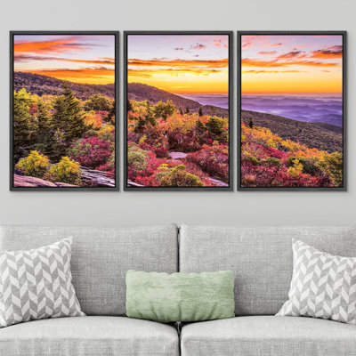 Autumn Fall " IDEA4WALL Framed Canvas Print Wall Art Set Vibrant Sunset Over Autumn Mountain Rustic Nature Photography Realism Decorative Wilderness Calm/Zen For Living Room, Bedroom, Office " 3 - Pieces