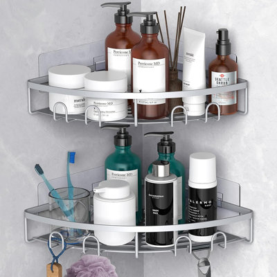 Serviteur de douche en coin - Argent - Paquet de 2 tablettes de rangement de coin adhésives pour salle de bain, support de douche mural antirouille avec porte-shampooing