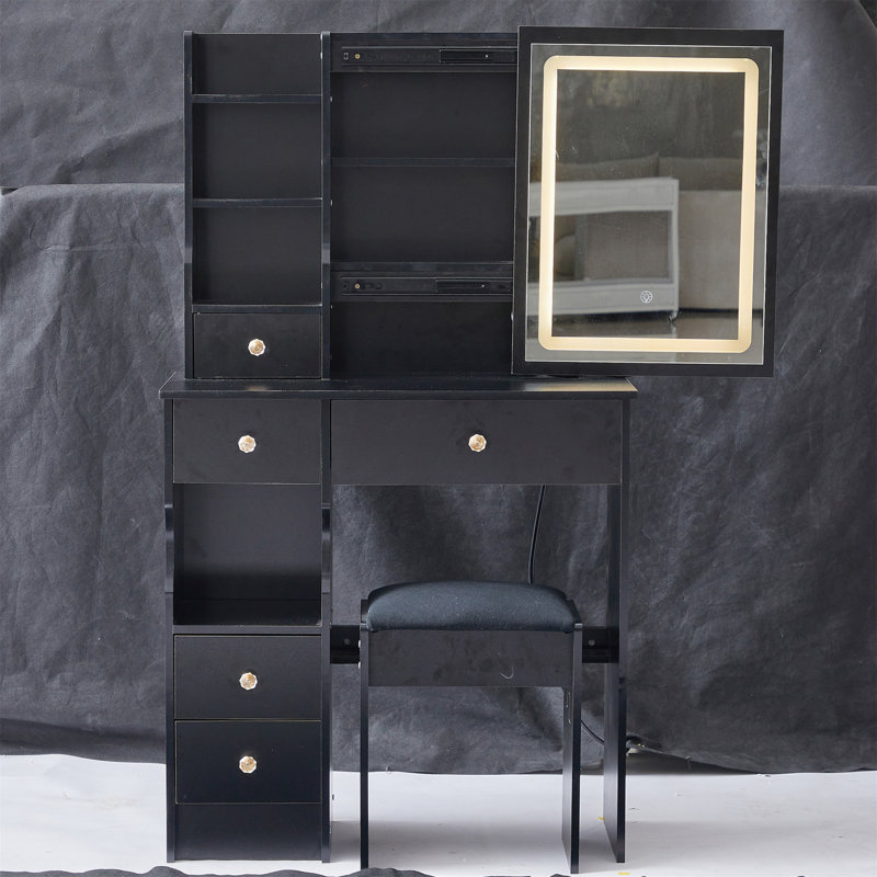 Petit meuble-lavabo de 29,2 po avec tabouret de bureau et tabouret rembourré à gauche 29,5 po, grande commande tactile, interrupteur tricolore, miroir à luminosité réglable, rangement à grande capacité, convient aux petits espaces