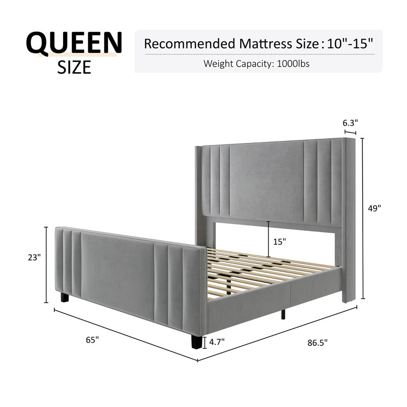 Light Gray Velvet Upholstered Queen Bed with Tufted Headboard