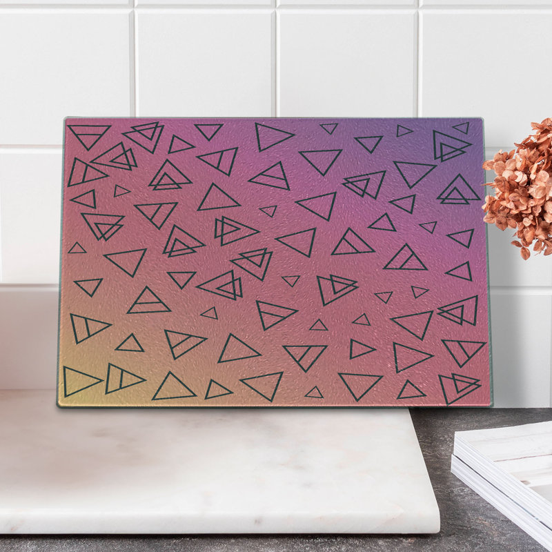 Ambesonne 1990s Tempered Glass Cutting Board Angular Pattern Triangles Black Lilac Coral