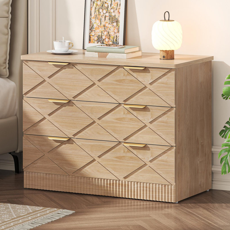 Large Modern Nightstand, 32" Wide Side Table With 3 Storage Drawers, Natural Night Stand With Carved Diamond Design, Bedside End Table For Bedroom, Living Room, Closet