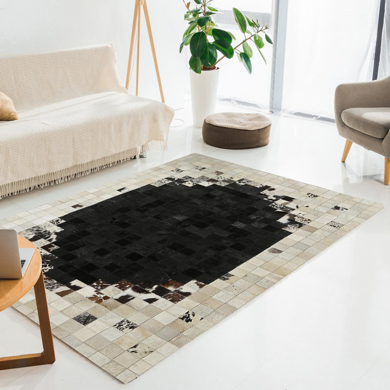 Tapis patchwork crème et noir, Rectangulaire 8 pi x 10 pi
