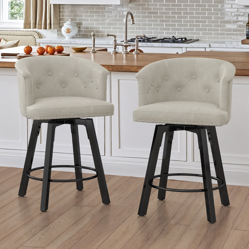 Swivel Upholstered Counter Stool With Metal Frame, Light Beige Gray