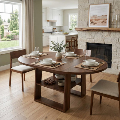 43.3"-59" Extendable Round Dining Table for 4-6 Round-to-Oval Kitchen Table with Built-In Flip-Up Extension Leaf, Stable H-Shaped Base & Storage Shelf