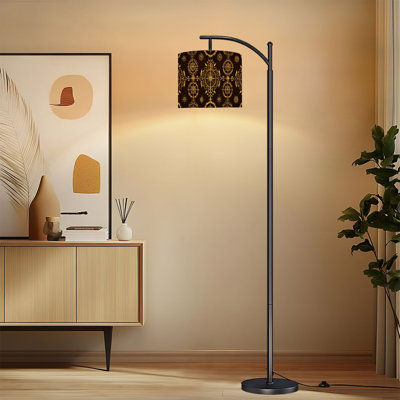 Arc Floor Lamp with Adjustable Lampshade Golden Steampunk Gears Ornate Compass Dark Brown Standing Lamp 3 Color Temperatures Dimmable Tall Pole Lamp with Foot Switch for Bedroom