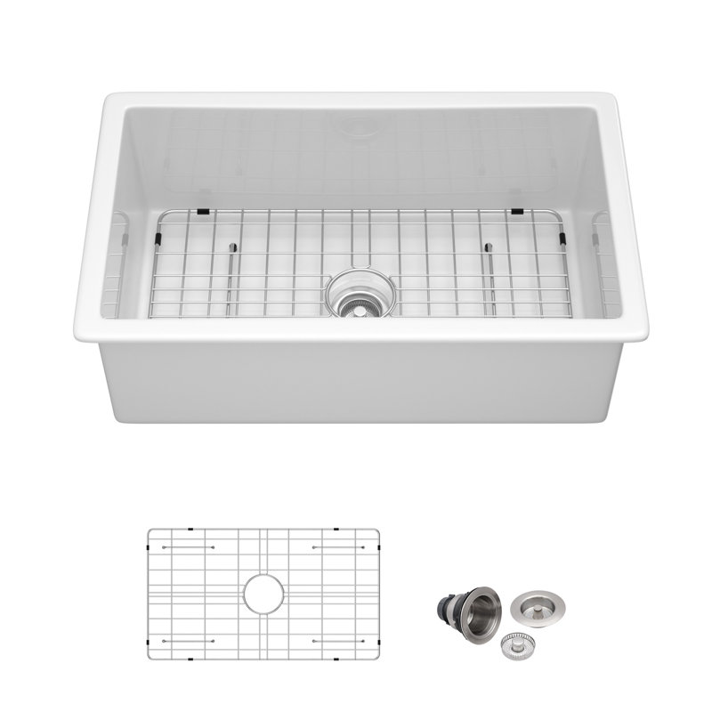 30" L x 18" W Premium White Ceramic Undermount/Drop-In Kitchen Sink Single Bowl White Fireclay Kitchen Sink Scratch-Resistant & Easy Clean