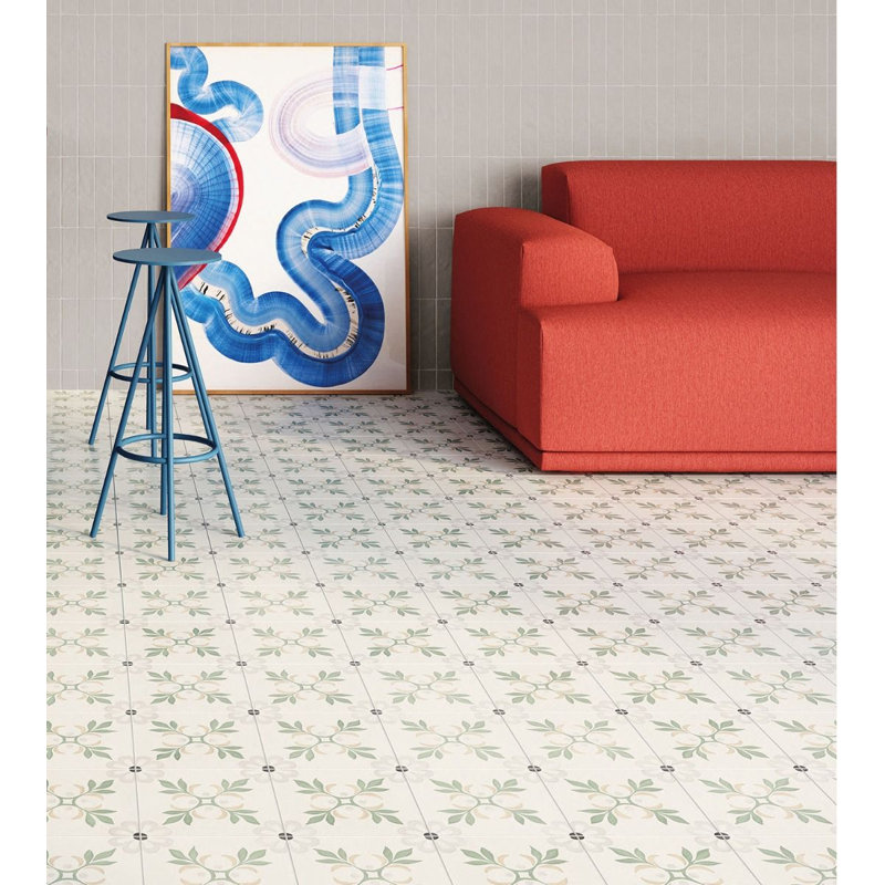 Plumeria 8.77" x 8.77" Matte Porcelain Tile, Blossom Green/Gray