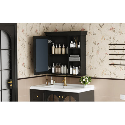 30'' X 28'' Bathroom Medicine Cabinet With Mirror, Wall Mounted Mirror Cabinet With Storage Organizer, Over The Toilet Storage Black Storage Cabinet For Bathroom