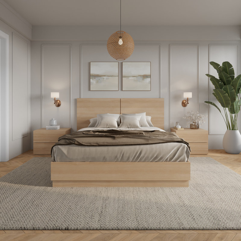 Ensemble de chambre à coucher 4 pièces avec tête de lit Douglas, cadre de lit à lattes, 2 tables de chevet, Beige, Double