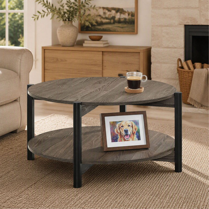 Table basse - Pieds en métal - Tablette inférieure ouverte - Plateau rond - Finition - transitionnel