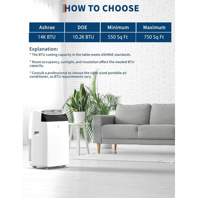 Climatiseur portatif 14 000 BTU - Déshumidificateur / ventilateur 3-en-1 pour minuterie à distance 750SqFt