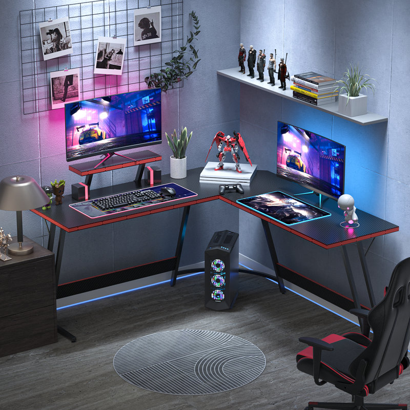 Bureau d'ordinateur en forme de L avec grand support pour écran Sherri, Noir, noir, noir, noir, H 29 po x l 51 po x P 20 po