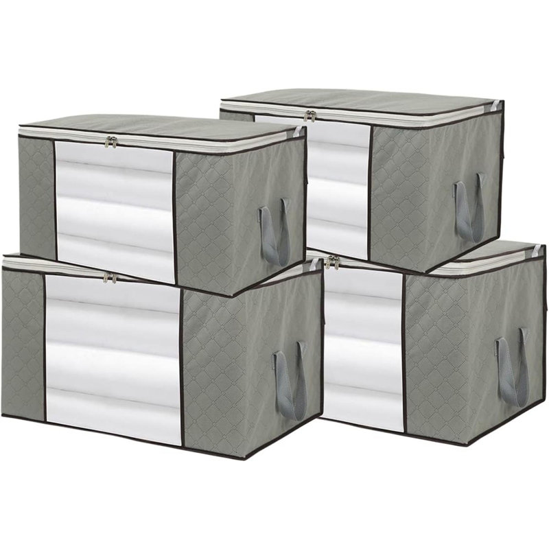 4 Pack Foldable Large Storage Bags For Comforter Quilt Blanket Clothes With Clear Window & Handles - Easy To Fit King Size Comforter Set - Closet Under Bed Organizer