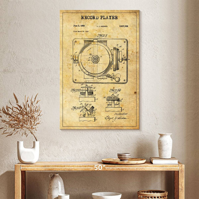 Disque tourne-disque brevet sur toile, H 39 po x l 26 po x P 1,25 po