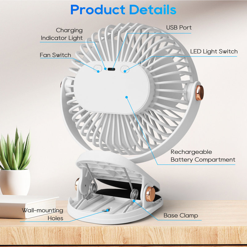 Biyori Clip Fan with Adjustable Speeds Night Light Versatile 3-in-1 Design, White