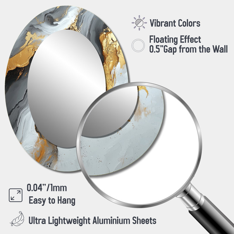 Abstrait marbre dans des tons de gris et d'or I - décor de miroir mural ovale doré, 40 po x 30 po
