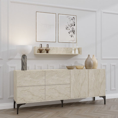 Console moderne avec tablette murale, couleur travertin, 70,9 x 21,7 x 15,7 pouces | 100% panneau de particules enduit de mélamine, épaisseur: 0,7 pouce | Comprend de nombreuses tablettes, une conception murale, parfaite pour la décoration du salon et du vestibule